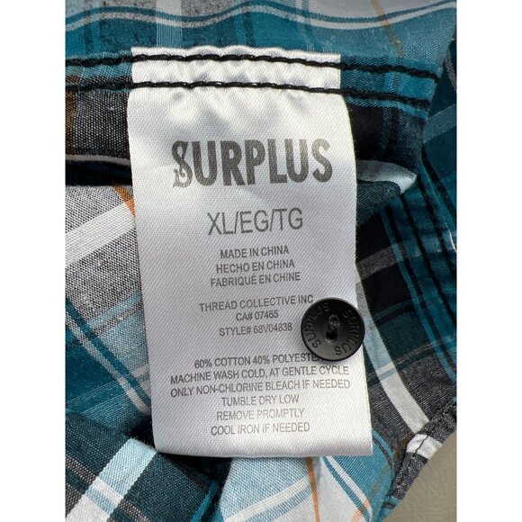 Surplus Plaid Shirt Size XL Short Sleeve Button Front Teal White Western Preppy - Picture 4 of 7